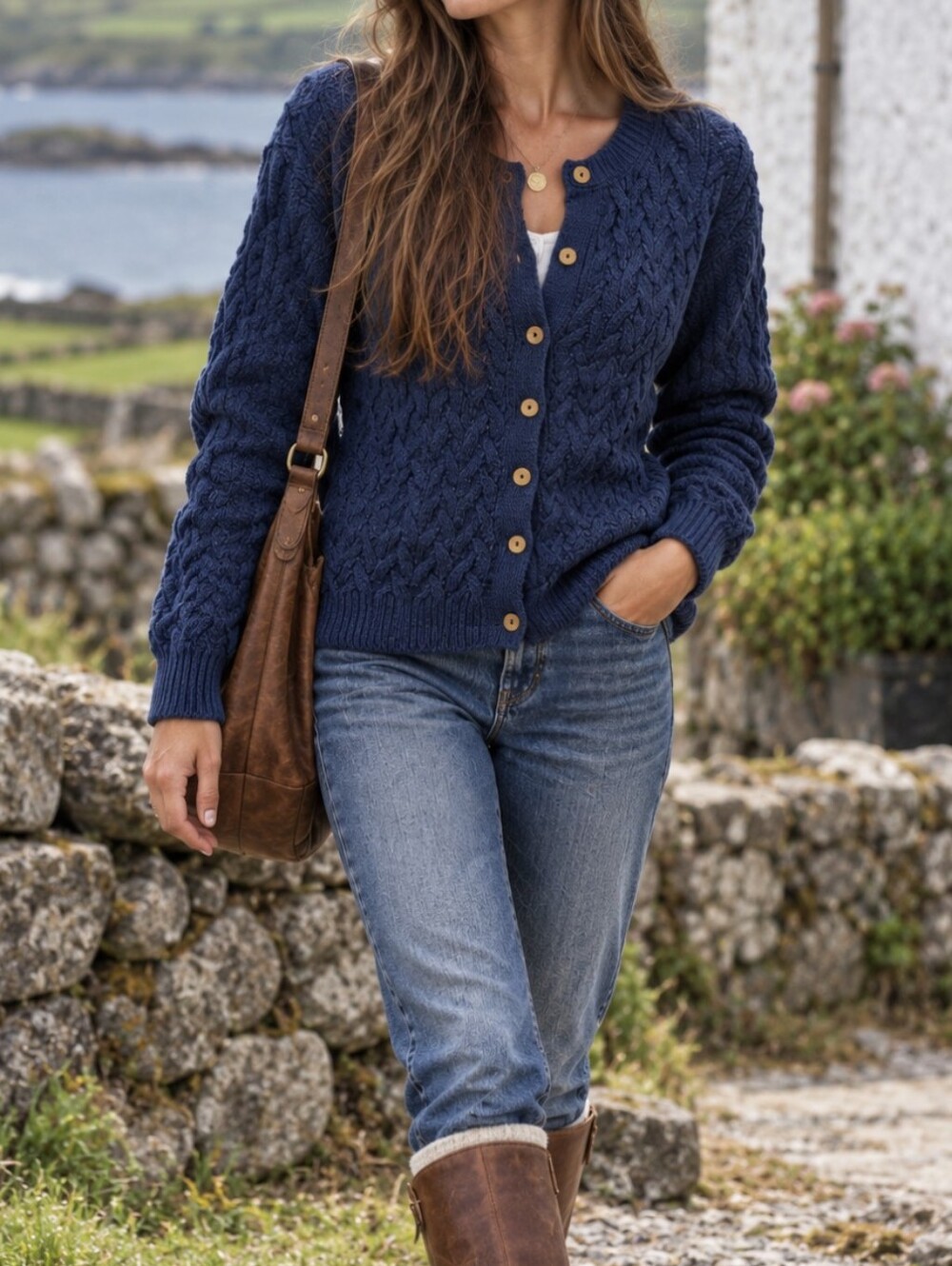 Shannon Woolen Mills Merino Wool Irish Cable Sweater Cardigan Navy Blue Medium